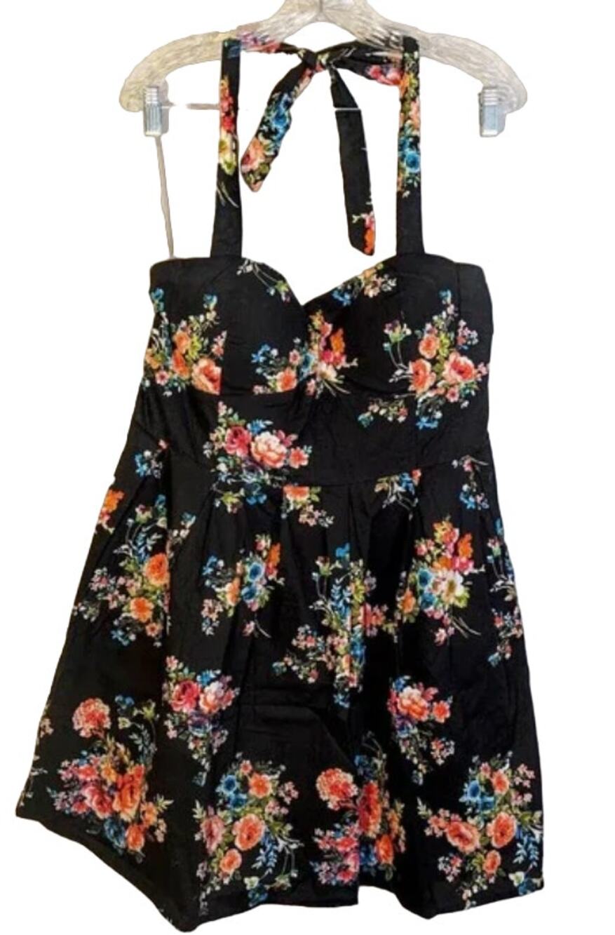 No Boundaries Black Floral Sweetheart Neck Smocked Back Pinup Halter Dress XL